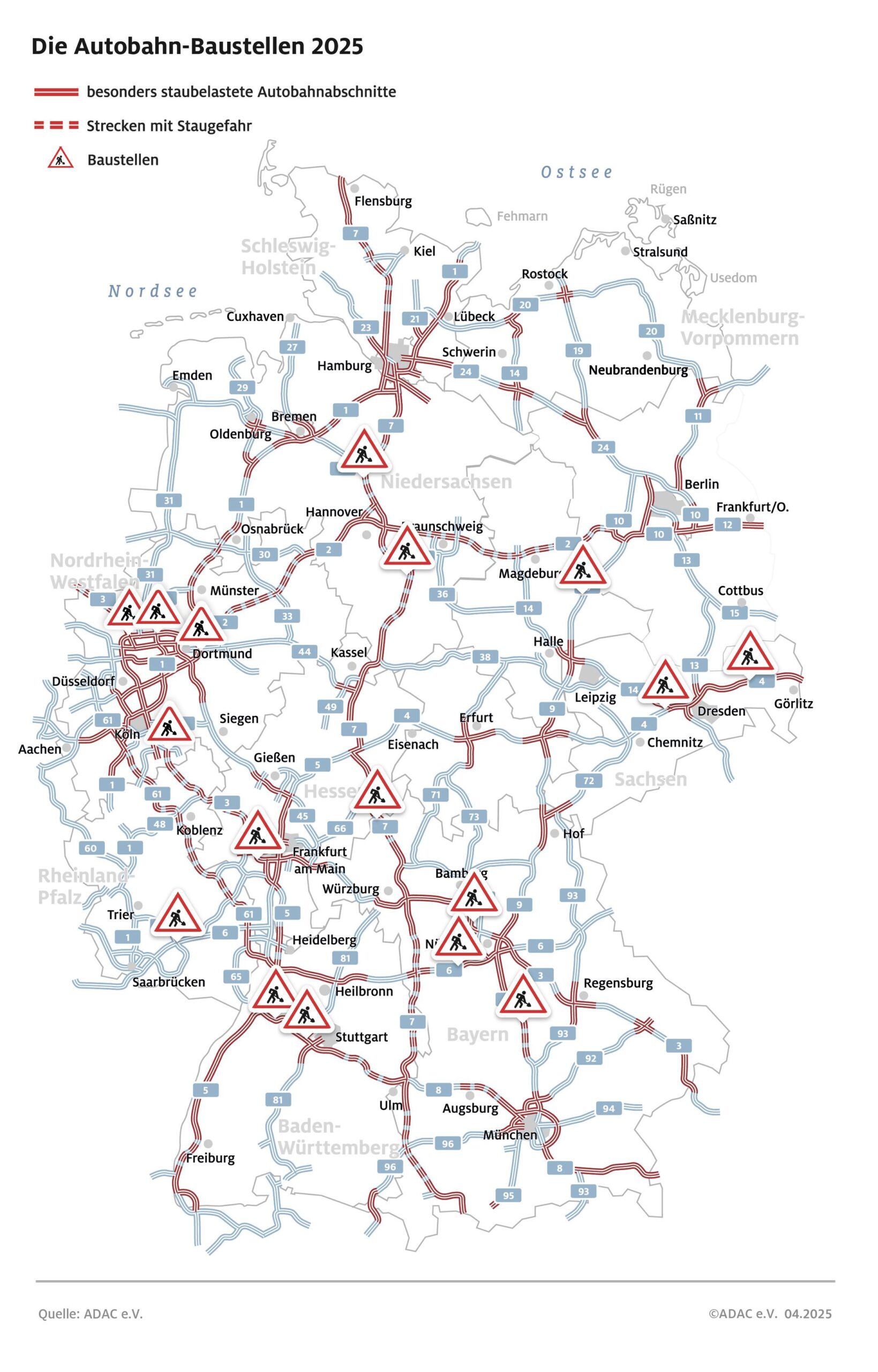 ADAC Stauprognose: 9. bis 11. Mai 2025 / Zahlreiche Baustellen auf Autobahnen / Ausflugsverkehr am Muttertag